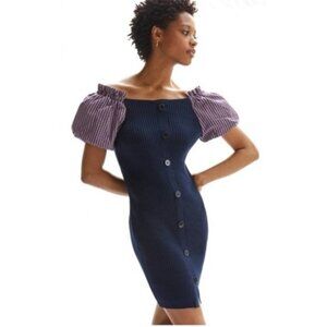 NEW Maeve Anthropologie Puff-Sleeved Mini Dress Sweater Ribbed Cotton Size Large